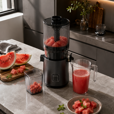 Fresh Smart HJ303 Extra-Wide Slow Masticating Juicer A Arte do Sucção Feita Sem Esforço com Chute de 155mm, Hopper de 2400ml, Prensa a Frio de 200W e Auto-Limpeza