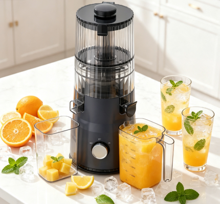 Espremedor Lento Compacto HJ103 Fresh Smart – De Smoothies a Shots de Bem-Estar, Tudo em um Design que Economiza Espaço com Bocal Largo de 135mm, Prensa a Frio de 200W e Autolimpeza