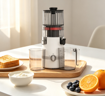 Fresh Smart HJ102B Slow Masticating Juicer onde o suco fresco encontra a alegria da família com chute de 135 mm, imprensa a frio de 200 W, autolimpeza e fechadura de segurança para casa