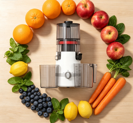 Fresco Smart HJ102B Slow Masticating Juicer Ritual de Bem-Estar Diário da Sua Família com Chute de 135mm, Prensa a Frio de 200W, Auto-Limpeza e Bloqueio de Segurança para Paz de Mente